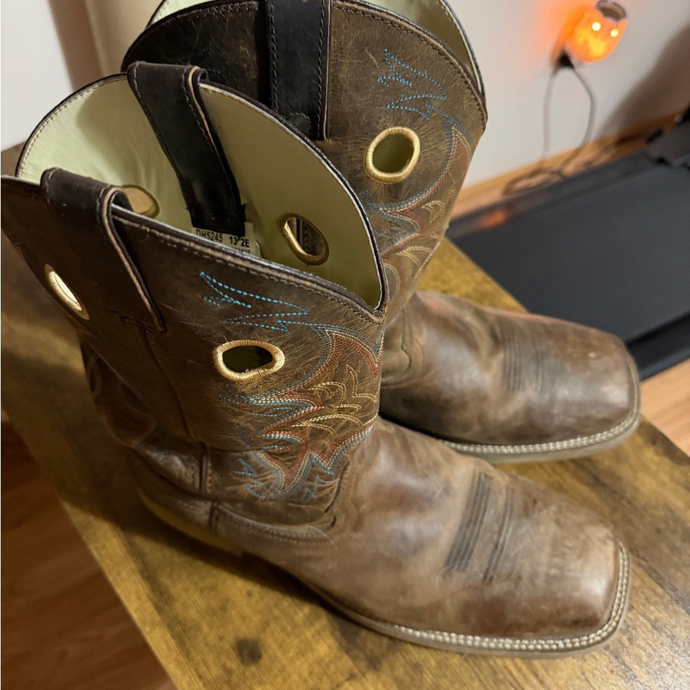 Double H Brown Leather Cowboy Boots with Blue & Tan Stitching